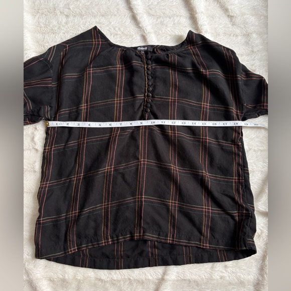 Madewell Shirred Peasant Long Sleeve Half Button Top in Windowpane - True Black - Picture 7 of 9